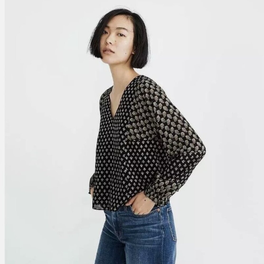 Madewell Sheer-Sleeve Top in Brushstroke Paisley Mix Blouse SZ XS - Picture 1 of 6